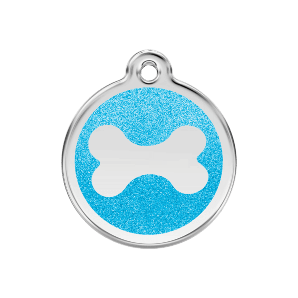 Vue avant - Médaille personnalisable Red Dingo Émail pailleté aqua - Os scintillant - Taille M