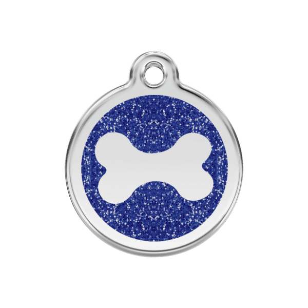 Vue avant - Médaille personnalisable pour chien ou chat - Red Dingo - Émail pailleté - Os scintillant - Bleu foncé - Taille M