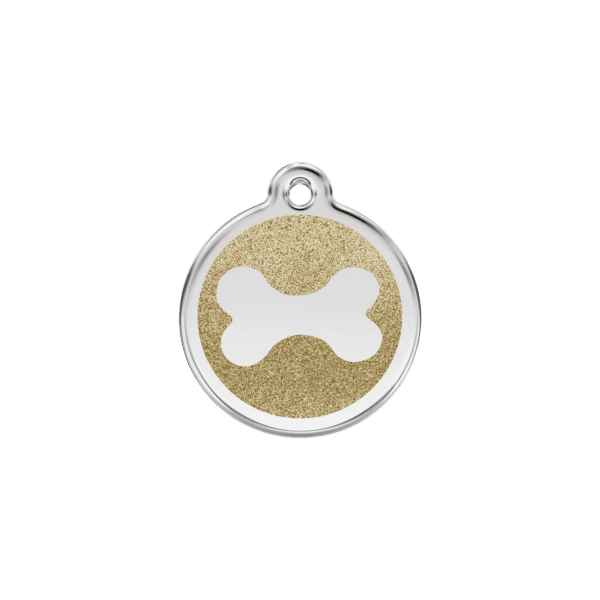 Vue avant - Médaille personnalisée pour chien/chat Red Dingo Émail pailleté Or - Os scintillant - Taille S