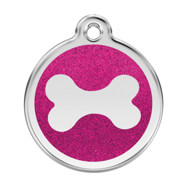 Vue avant - Médaille personnalisée pour chien Red Dingo - Émail pailleté rose vif - Os scintillant - Taille L