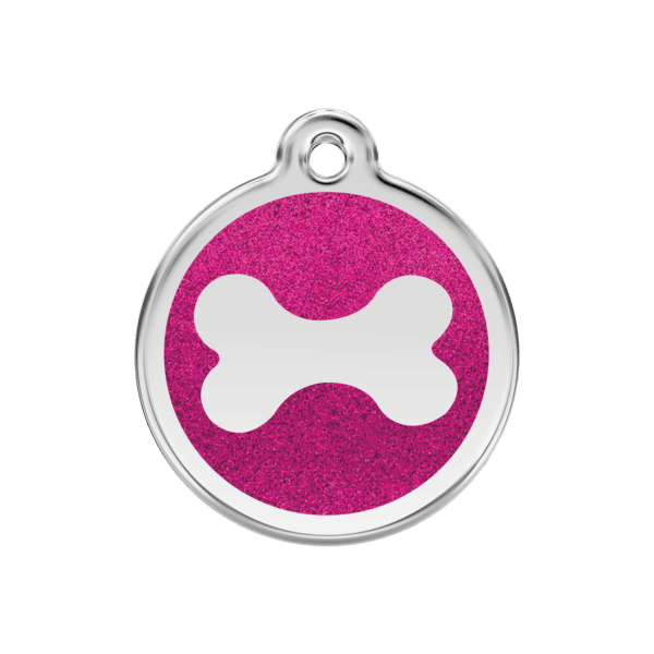 Vue avant - Médaille personnalisable pour chien Red Dingo Émail pailleté rose vif - Os scintillant - Taille M