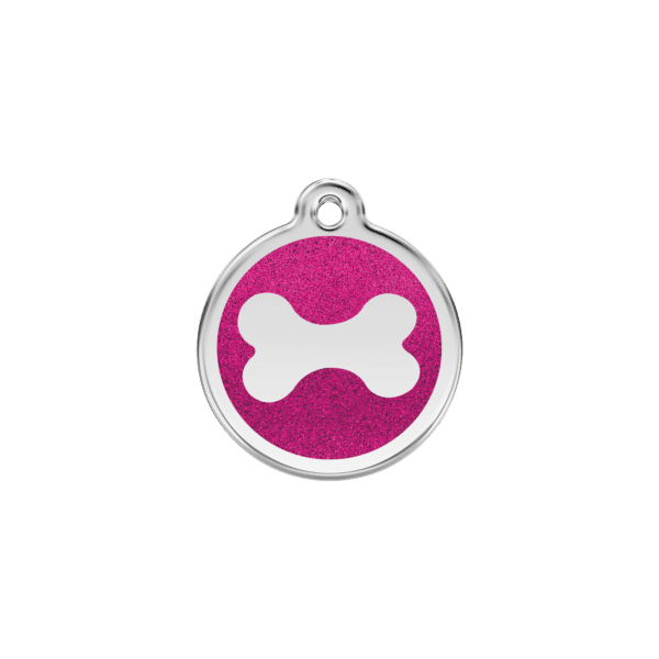 Vue avant - "Médaille personnalisée pour chat ou chien - Red Dingo Émail pailleté rose vif - Os scintillant - Taille S"