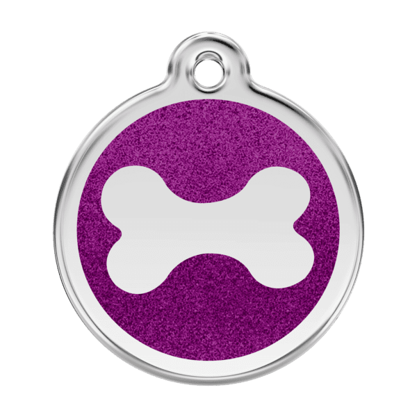 Vue avant - Médaille personnalisée pour chien - Red Dingo Émail pailleté violet - Os scintillant - Taille L