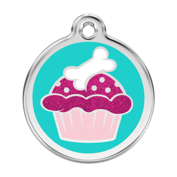 Vue avant - Médaille personnalisée pour chien Red Dingo Émail pailleté Cupcake Aqua - Taille L