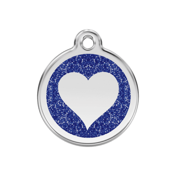 Vue avant - Médaille personnalisée pour chien/chat Red Dingo Émail pailleté coeur bleu foncé - Taille M