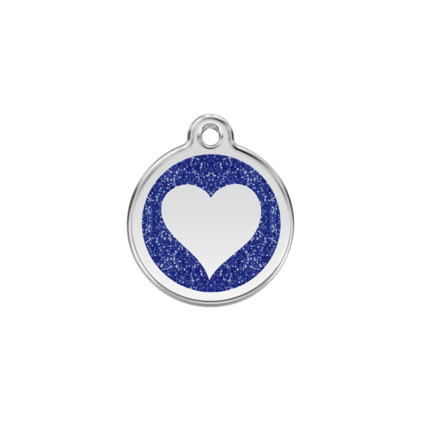 Vue avant - Médaille personnalisée pour chien/chat Red Dingo Émail pailleté cœur scintillant - Bleu foncé - Taille S