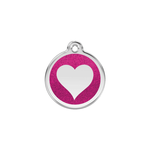 Vue avant - Médaille personnalisée pour chien/chat Red Dingo Émail pailleté rose vif - Taille S - Coeur scintillant