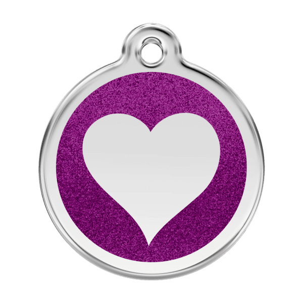 Vue avant - Médaille personnalisée pour chien Red Dingo - Coeur scintillant violet - Taille L