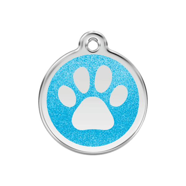 Vue avant - Médaille personnalisée pour chien ou chat Red Dingo Émail pailleté Aqua 30mm - Empreinte de patte scintillante