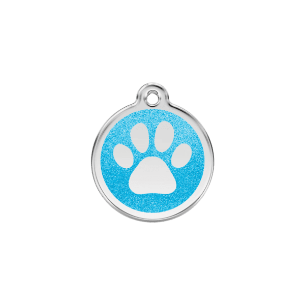 Vue avant - Médaille personnalisée pour chien/chat Red Dingo Émail pailleté Aqua 20mm - Empreinte de patte scintillante