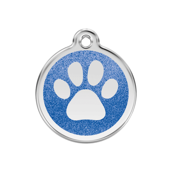 Vue avant - Médaille personnalisée pour chien/chat Red Dingo Émail pailleté bleu foncé 30mm - Empreinte de patte scintillante