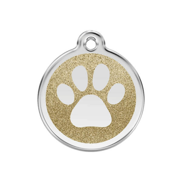 Vue avant - Médaille personnalisée pour chien/chat Red Dingo Émail pailleté Or - Empreinte de patte - Gravure incluse