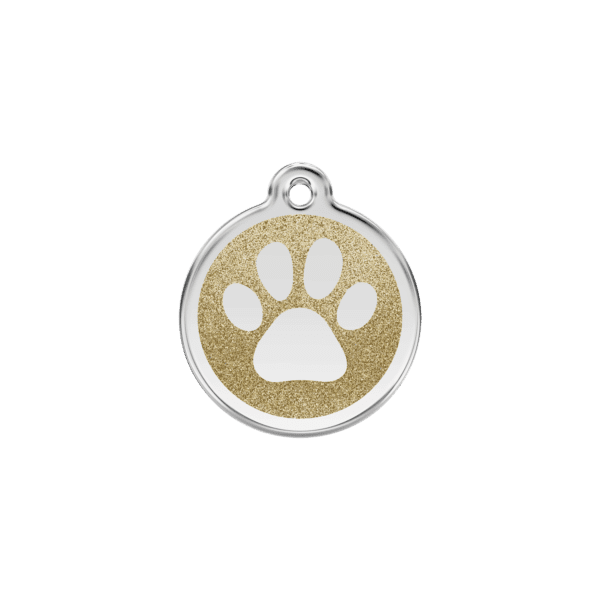 Vue avant - Médaille personnalisée pour chien/chat Red Dingo Émail pailleté Or - Empreinte de patte - Taille S