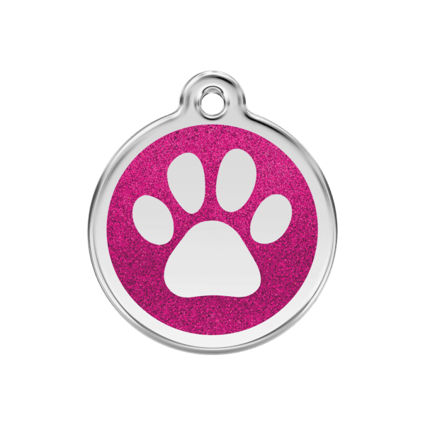 Vue avant - Médaille personnalisée pour chien ou chat - Empreinte de patte en émail pailleté rose vif - Red Dingo