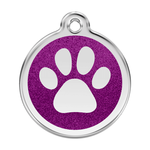 Vue avant - Médaille personnalisée pour chien ou chat - Empreinte de patte scintillante violet - Red Dingo