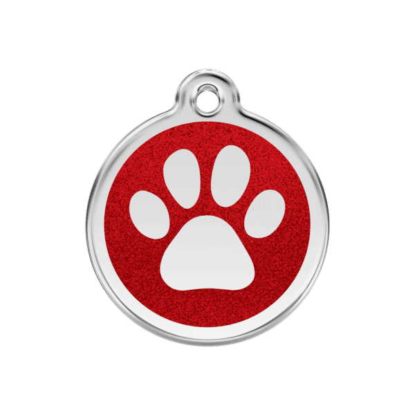 Vue avant - Médaille personnalisée pour chien/chat Red Dingo Émail Pailleté Rouge - Empreinte de Patte Scintillante