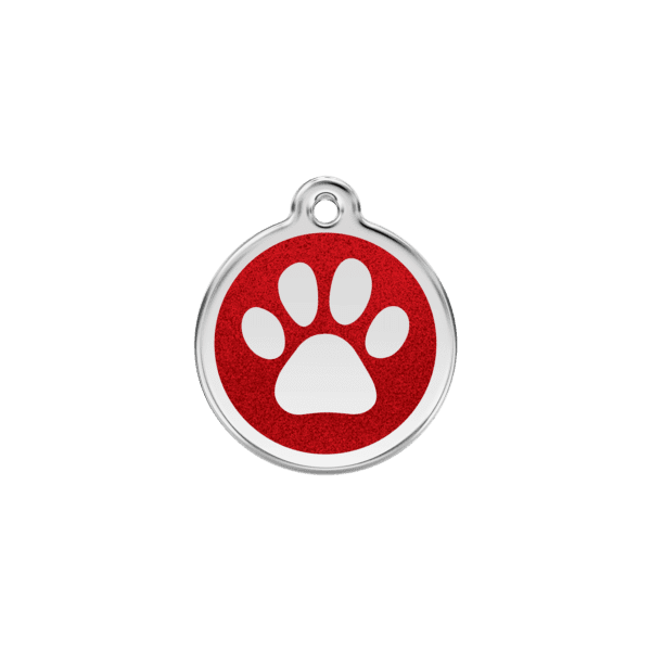 Vue avant - Médaille personnalisée pour chien/chat Red Dingo Émail pailleté rouge - Empreinte de patte scintillante - Taille S