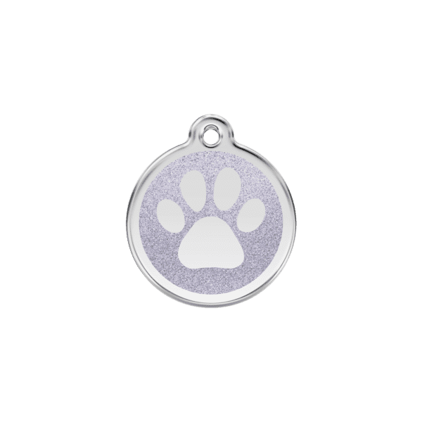 Vue avant - Médaille personnalisée pour chien/chat Red Dingo Émail pailleté argent 20.00mm - Empreinte de patte scintillante