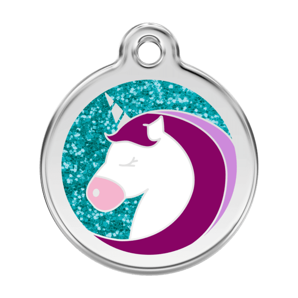 Vue avant - Médaille personnalisée pour chien Red Dingo Émail pailleté Licorne Aqua 38mm - Réf: 0X-UC-AQ-LG