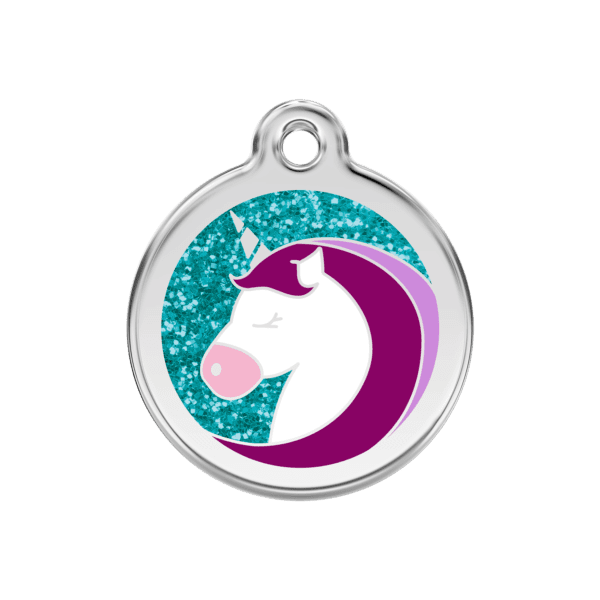 Vue avant - Médaille personnalisée pour chien Red Dingo Émail pailleté Licorne Aqua 30mm - Envoi rapide et gratuit