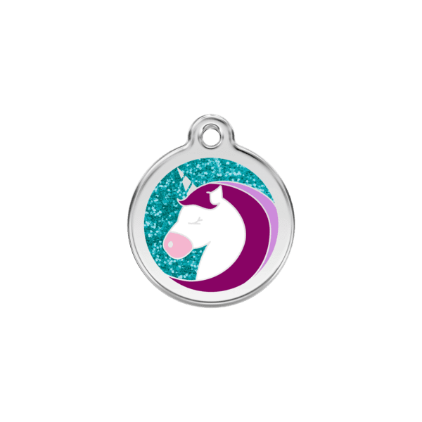 Vue avant - Médaille personnalisée pour chat ou chien Red Dingo Émail pailleté Licorne Aqua 20.00mm