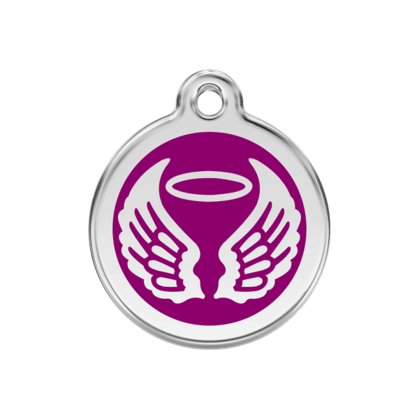 Vue avant - Médaille personnalisée pour chien Red Dingo Émail et acier inoxydable - Ailes d'anges - Violet - Taille M