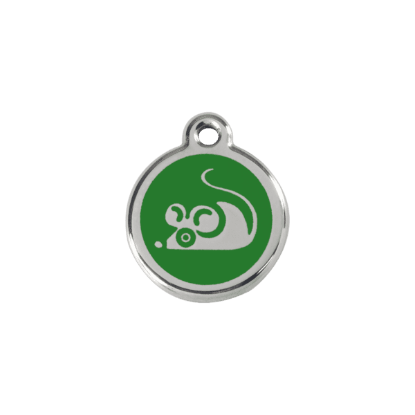 Vue avant - Médaille personnalisée pour chat en émail et acier inoxydable - Red Dingo - Motif souris vert - Taille S